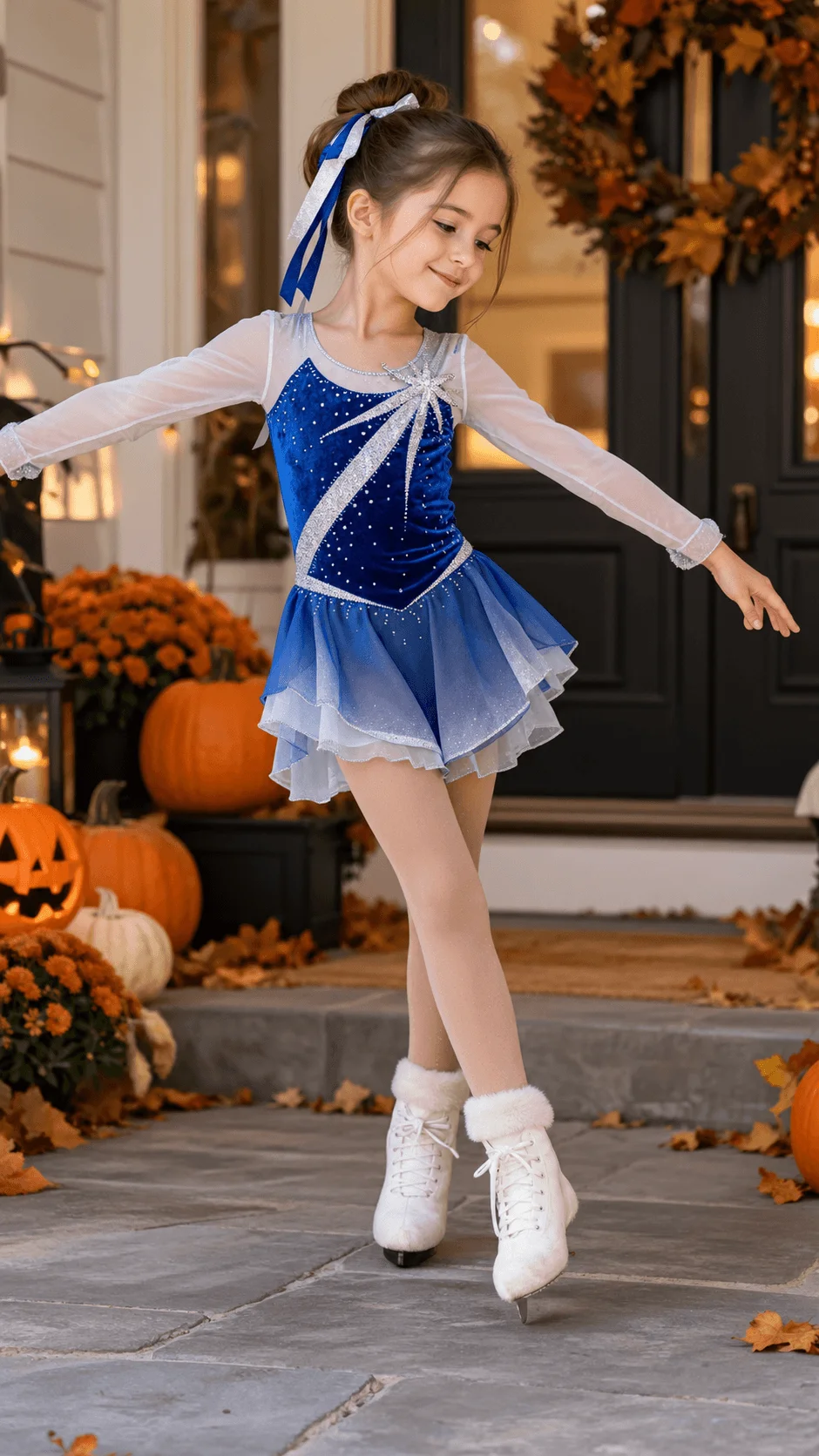 A young girl wearing a blue and silver figure skating costume with a sparkling bodice, sheer sleeves, layered skirt, white ice skates, and matching hair ribbons poses on a stone porch decorated with pumpkins, autumn leaves, and orange flowers for Halloween