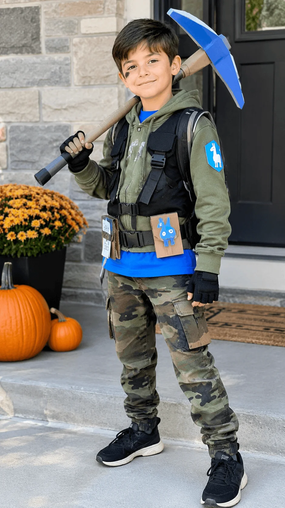 Child wearing a Fortnite inspired gamer costume with an olive green hoodie, camouflage pants, black tactical vest, fingerless gloves, and a handmade blue pickaxe, posing outside a house decorated with pumpkins and autumn flowers.