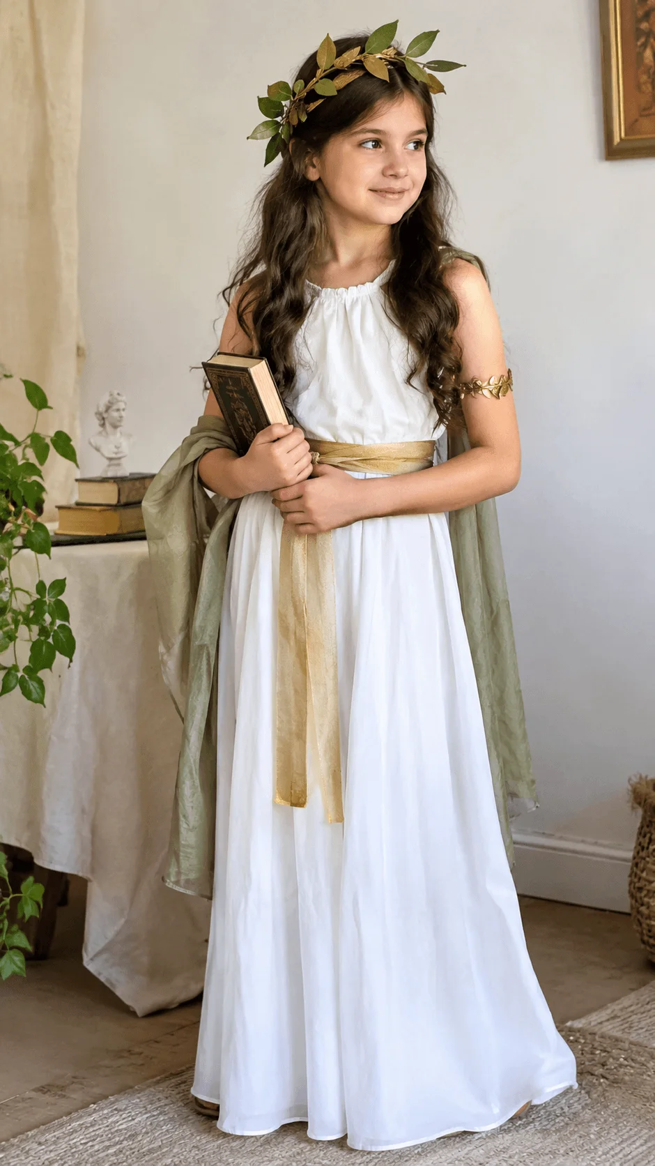 Greek goddess costume for girls featuring a flowing white floor length dress, gold waist sash, olive green draped shawl, leafy laurel crown, gold leaf arm bracelet, and a classic book, creating an elegant ancient Greek mythology heroine look.