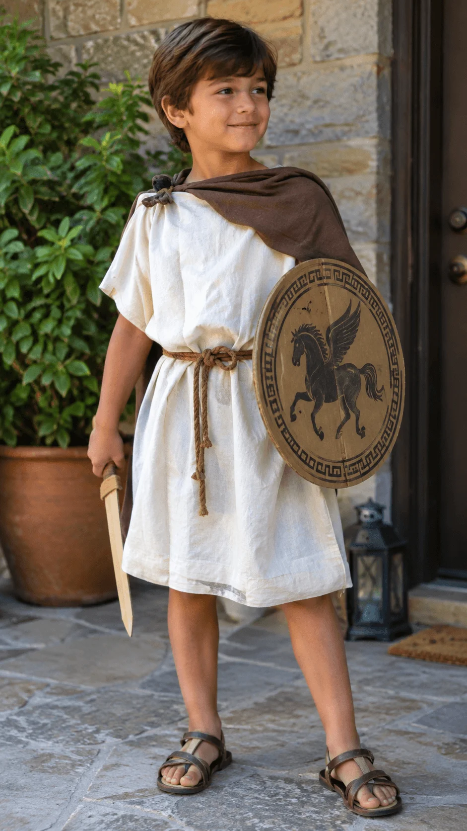 Child dressed as an ancient Greek hero wearing a white tunic made from reused fabric, a brown shoulder cape, and a rope belt, holding a wooden shield decorated with a winged horse and a toy sword while posing outside a stone house.