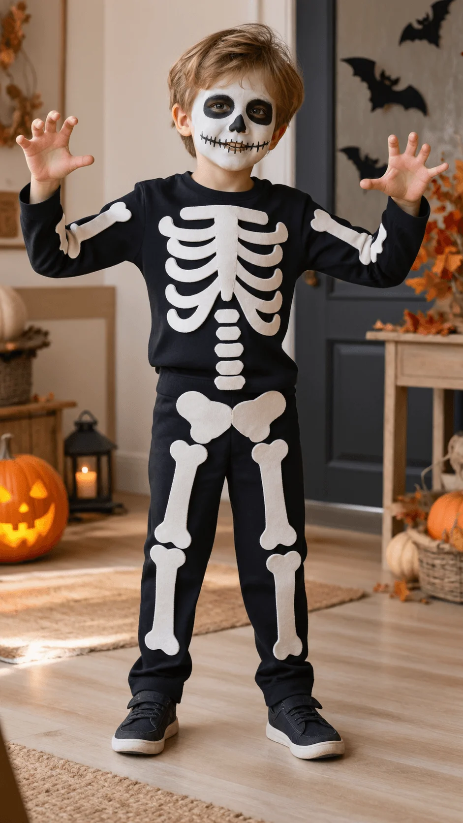 Child wearing a homemade skeleton Halloween costume with white bone shapes on a black shirt and trousers, skull face paint, and black sneakers, posing indoors with pumpkins, bat decorations, and autumn Halloween decor.