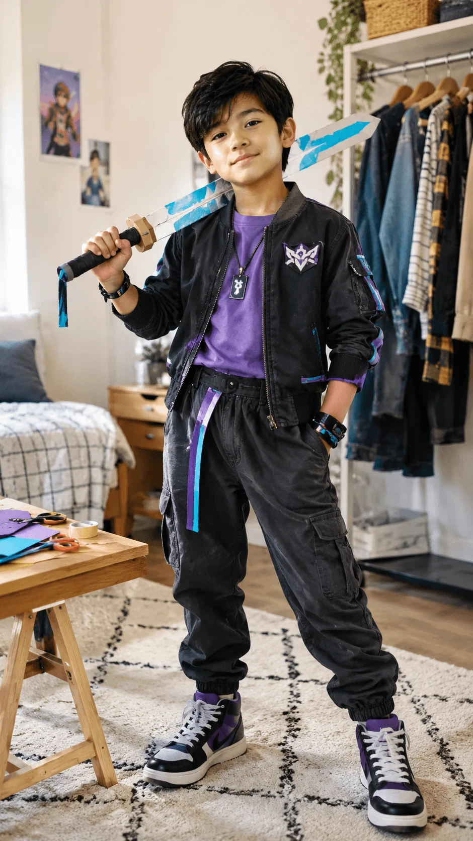 KPop Demon Hunters inspired Halloween costume for kids using thrifted clothing, featuring a boy wearing a black jacket, purple shirt, dark cargo pants and matching sneakers, holding a handmade blue and white cardboard prop sword in a bedroom with secondhand clothes hanging in the background