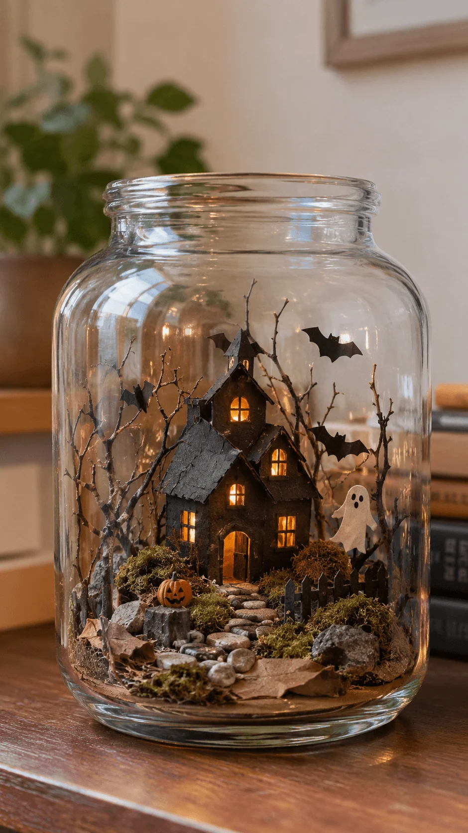 Miniature Halloween terrarium inside a reused glass jar featuring a spooky haunted house with glowing windows, tiny black bats, a white ghost, bare twig trees, moss, small stones, a miniature pumpkin and a rustic pathway for eco friendly Halloween decor