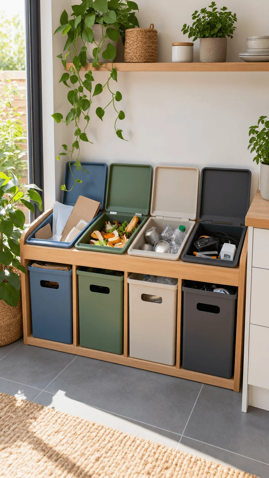 Modular zero waste recycling station with separate bins for paper food scraps recyclables and electronic waste in a modern kitchen