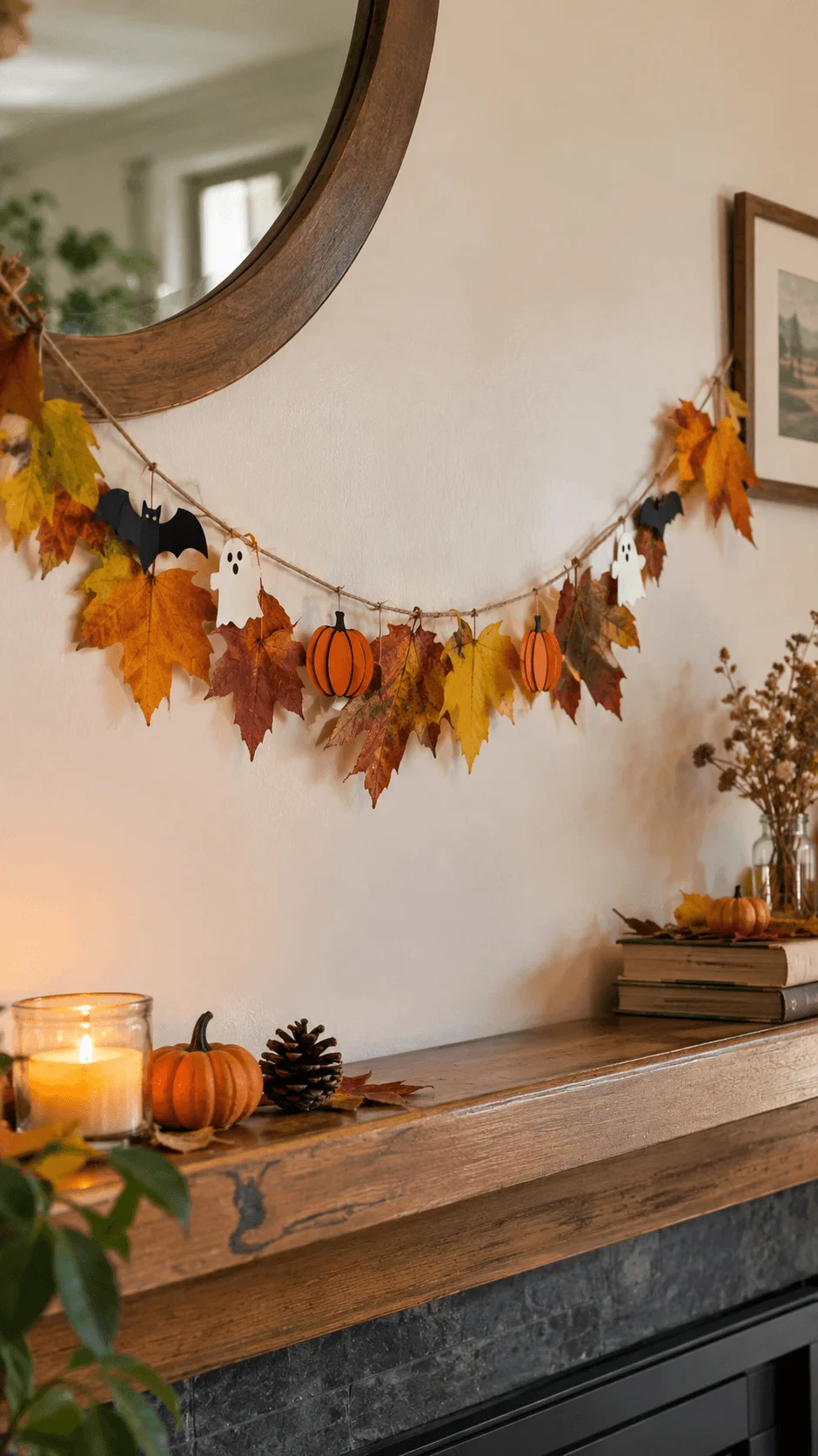 Realistic autumn leaf garland with orange pumpkins, white ghost decorations and black bats hanging above a rustic wooden mantel decorated with candles, pinecones and fall foliage for eco friendly Halloween decorating