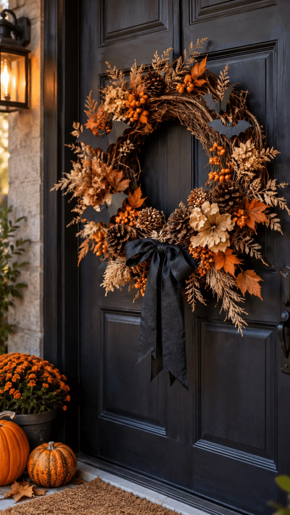 Natural Halloween wreath made from dried twigs, autumn leaves, pinecones, orange berries, and rustic foliage, decorated with black bat ornaments and a black ribbon on a dark front door beside pumpkins, orange chrysanthemums, and a glowing porch lantern.