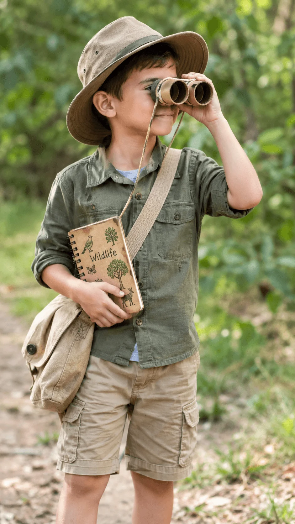 Child wearing a nature explorer costume with a khaki safari hat, olive green shirt, beige cargo shorts, and canvas shoulder bag, using homemade cardboard binoculars while holding a wildlife journal on a forest trail.











Is this conversation helpful so far?