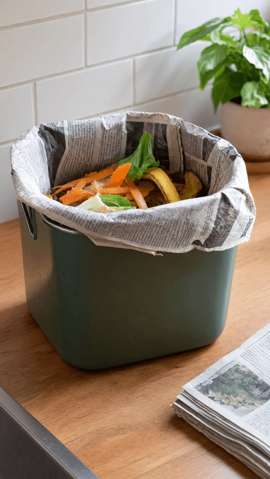 Newspaper bin liners for food waste with fruit and vegetable scraps in a kitchen compost bin