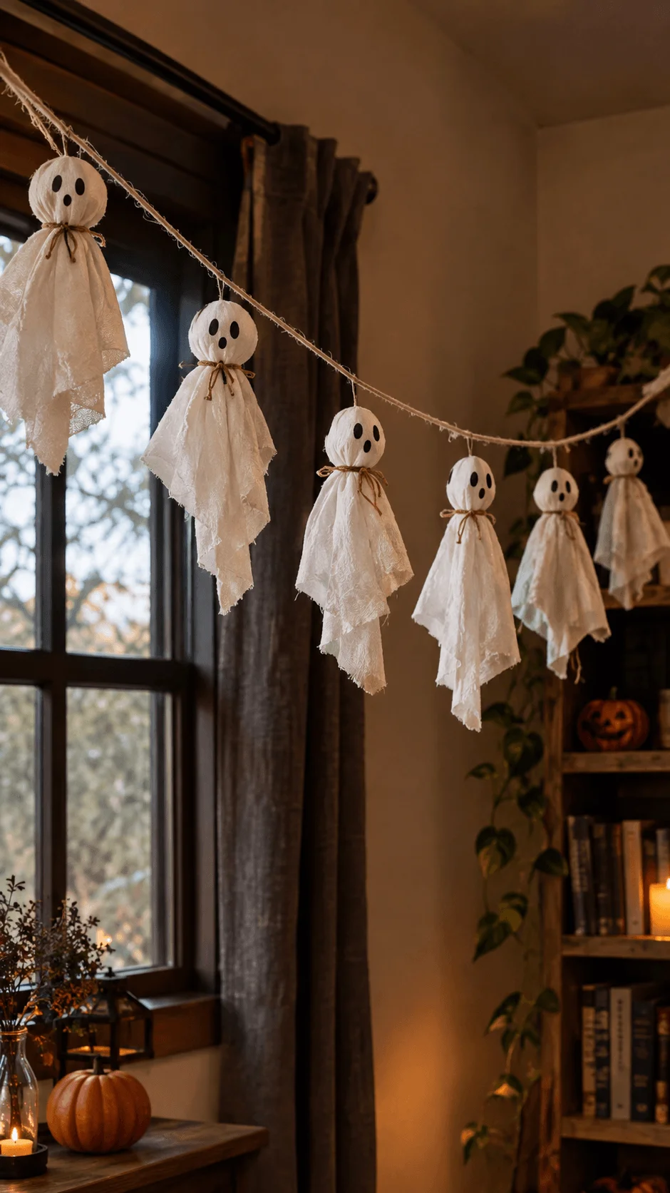 Handmade Halloween ghost garland made from old white fabric sheets, hanging on rustic twine beside a window, with a pumpkin, glowing candles, autumn branches, and a wooden bookshelf creating a cozy seasonal atmosphere.