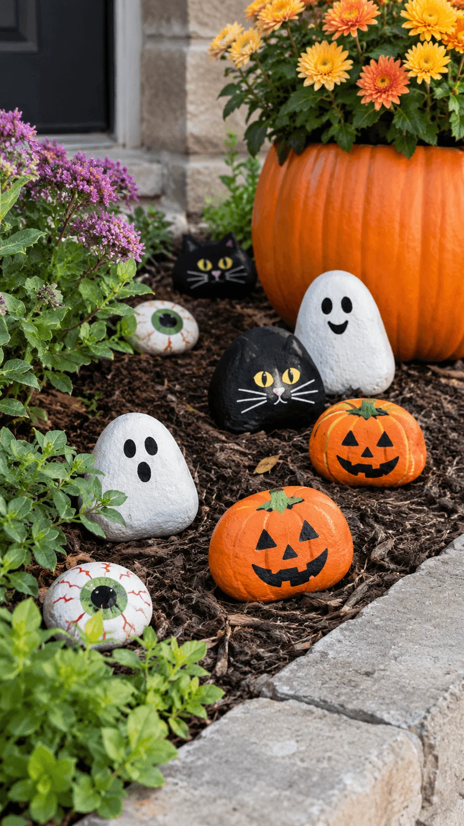Halloween garden decorations made from painted rocks featuring white ghosts, black cats, jack o lanterns, and spooky eyeballs arranged in a mulched flower bed beside a large pumpkin planter filled with orange and yellow flowers.