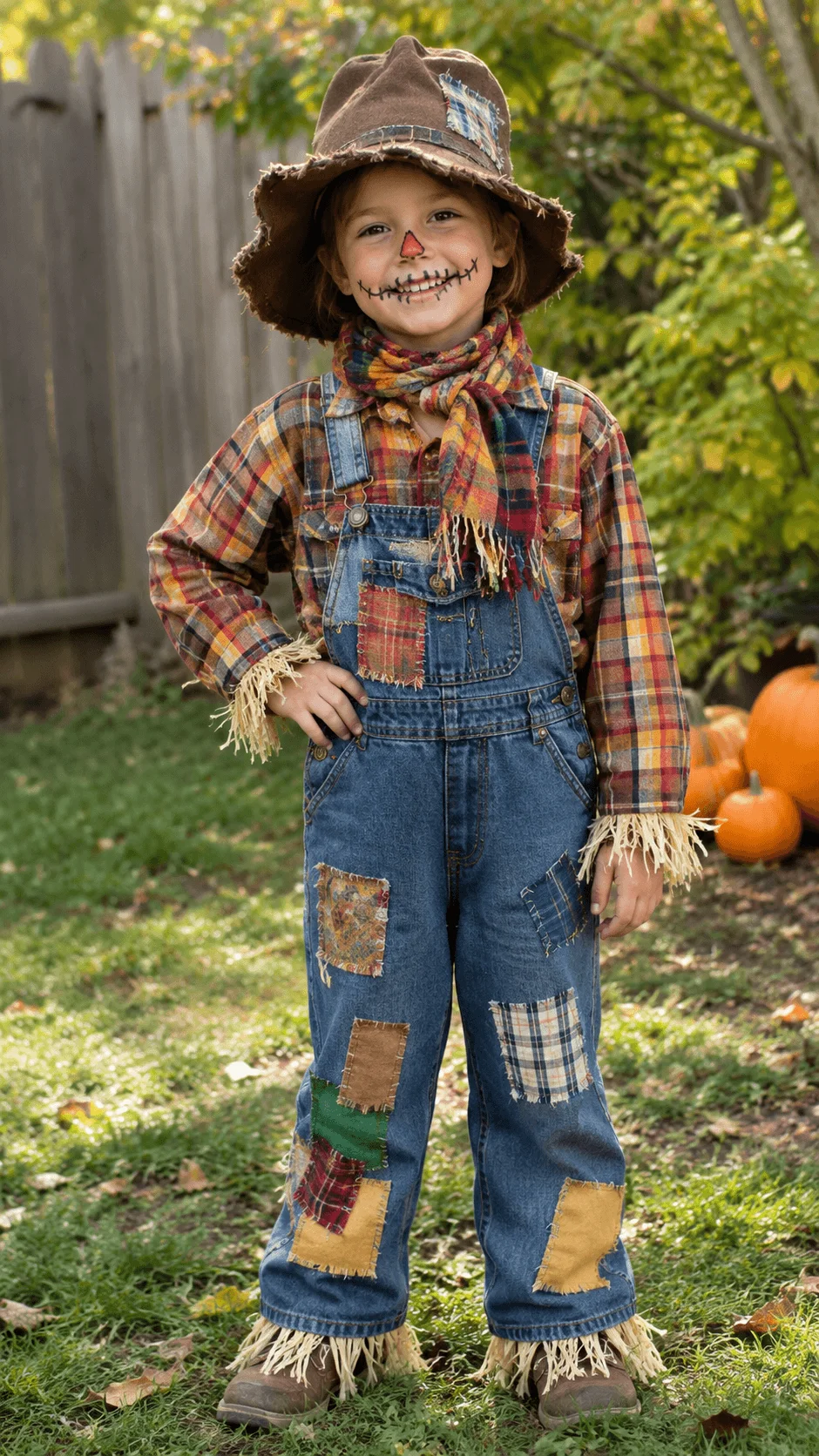 A smiling child wearing a handmade scarecrow Halloween costume with patched denim overalls, a colorful plaid shirt, a multicolored scarf, a worn brown hat, straw details at the cuffs and ankles, and stitched scarecrow face paint while standing in an autumn garden decorated with pumpkins