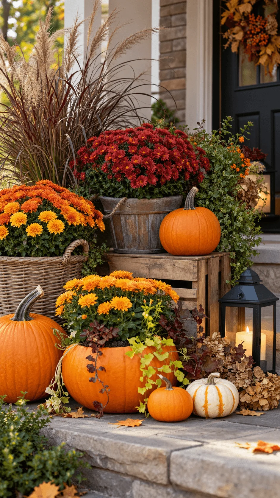 Eco friendly Halloween outdoor decoration featuring orange and white pumpkins, colorful seasonal chrysanthemums, ornamental grasses, rustic wooden crates, woven baskets, and a glowing black lantern on a stone front porch.