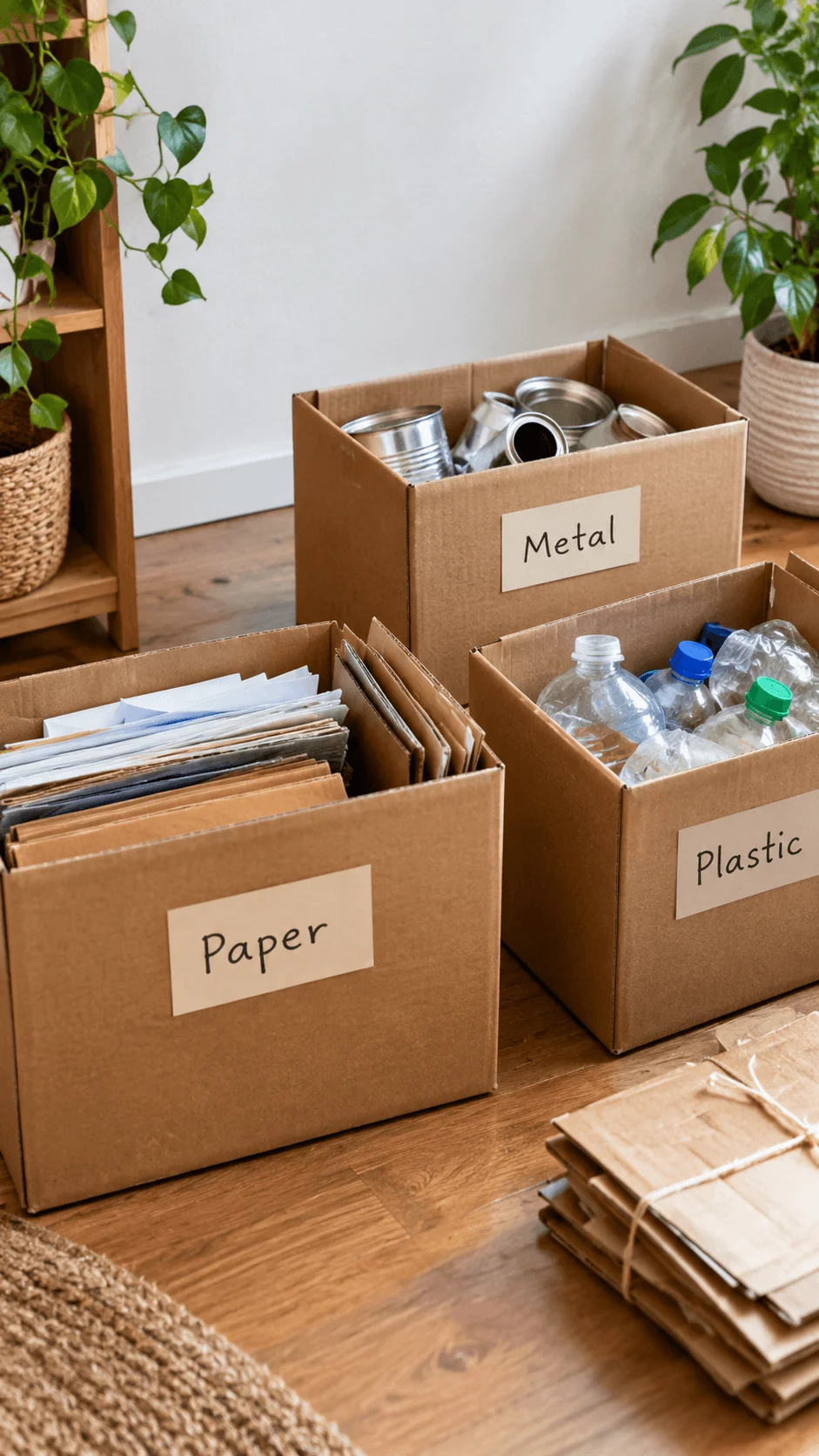 Recycled cardboard boxes labeled for paper plastic and metal waste sorting with recyclable materials in a home setting