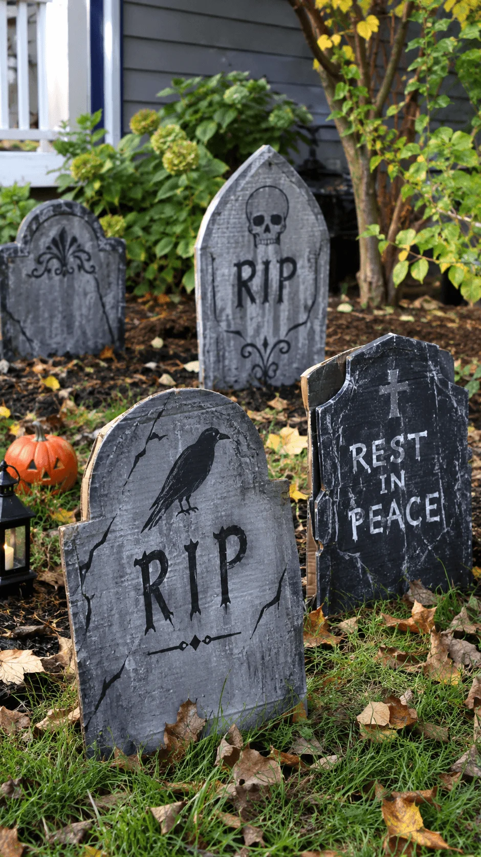 Recycled cardboard Halloween tombstones designed as a spooky outdoor graveyard with gray and black gravestones, RIP lettering, skull and raven designs, fallen autumn leaves, green grass, pumpkins, and a glowing lantern.