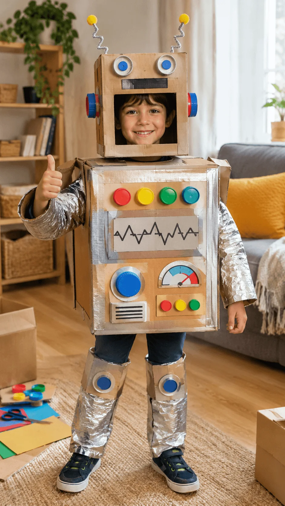 A smiling child wearing a DIY robot costume made from recycled cardboard boxes, with silver foil covered arms and legs, colorful buttons, blue circular eyes, antennae, and a handmade control panel, standing indoors with craft supplies.