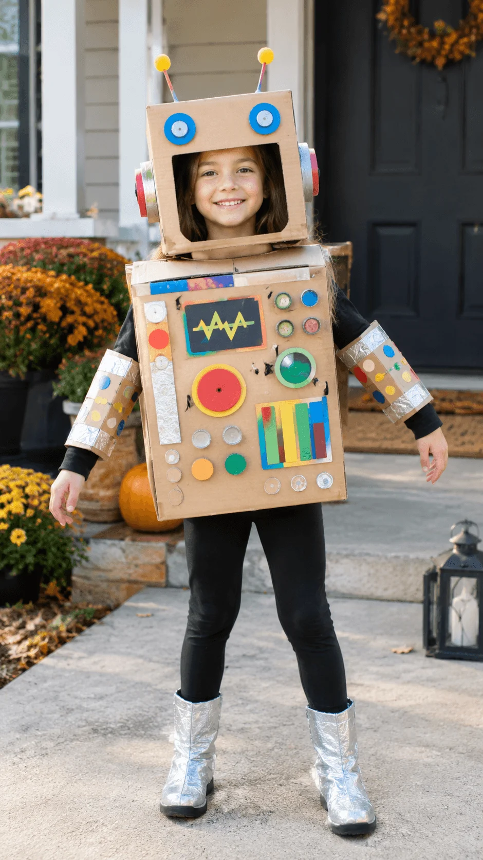 Recycled cardboard robot costume for girls featuring a handmade box robot suit decorated with colorful buttons, control panels, blue circular eyes, antennae, and silver foil accents, paired with black clothing and shiny silver boots for a creative eco friendly Halloween costume.