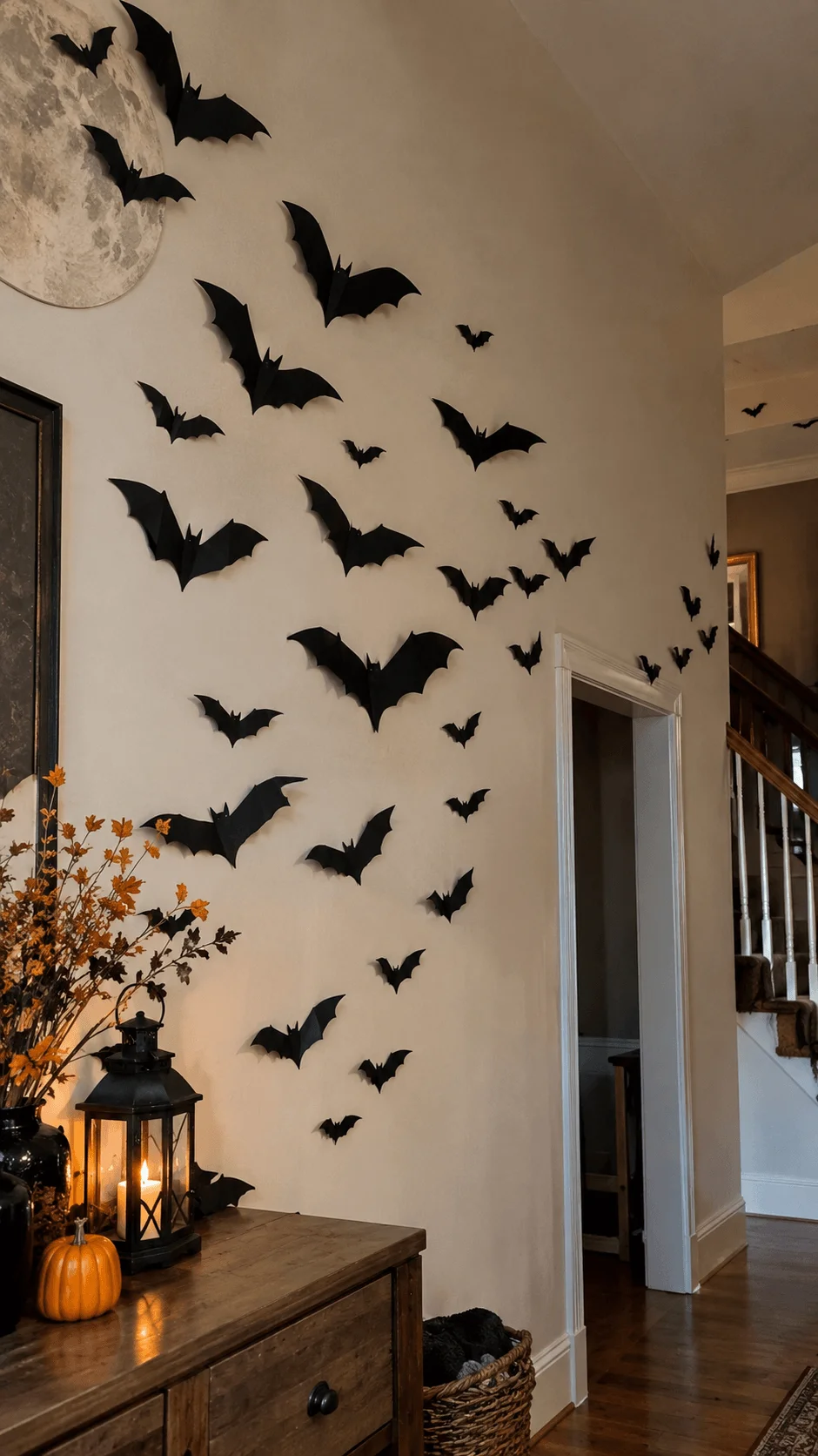 Black recycled paper bats arranged across a cream hallway wall for sustainable Halloween decor, with a glowing black lantern, orange pumpkin, autumn branches, wooden console table, and warm rustic lighting.