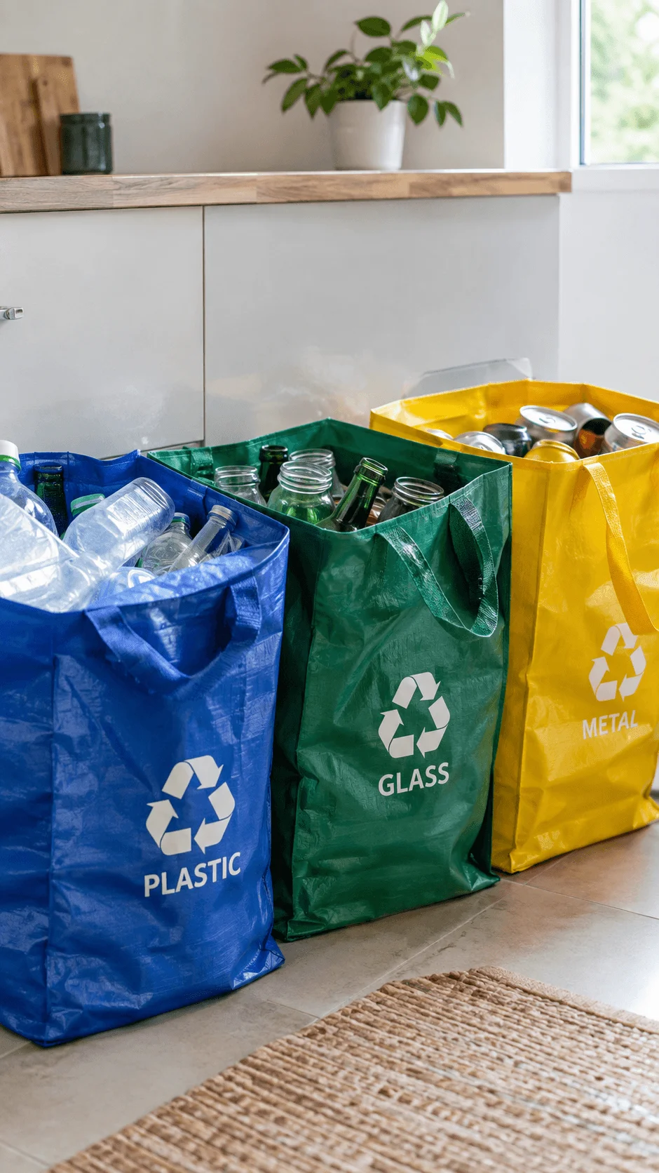 Recycled plastic long life sorting bags for separating plastic glass and metal recyclables in a modern kitchen