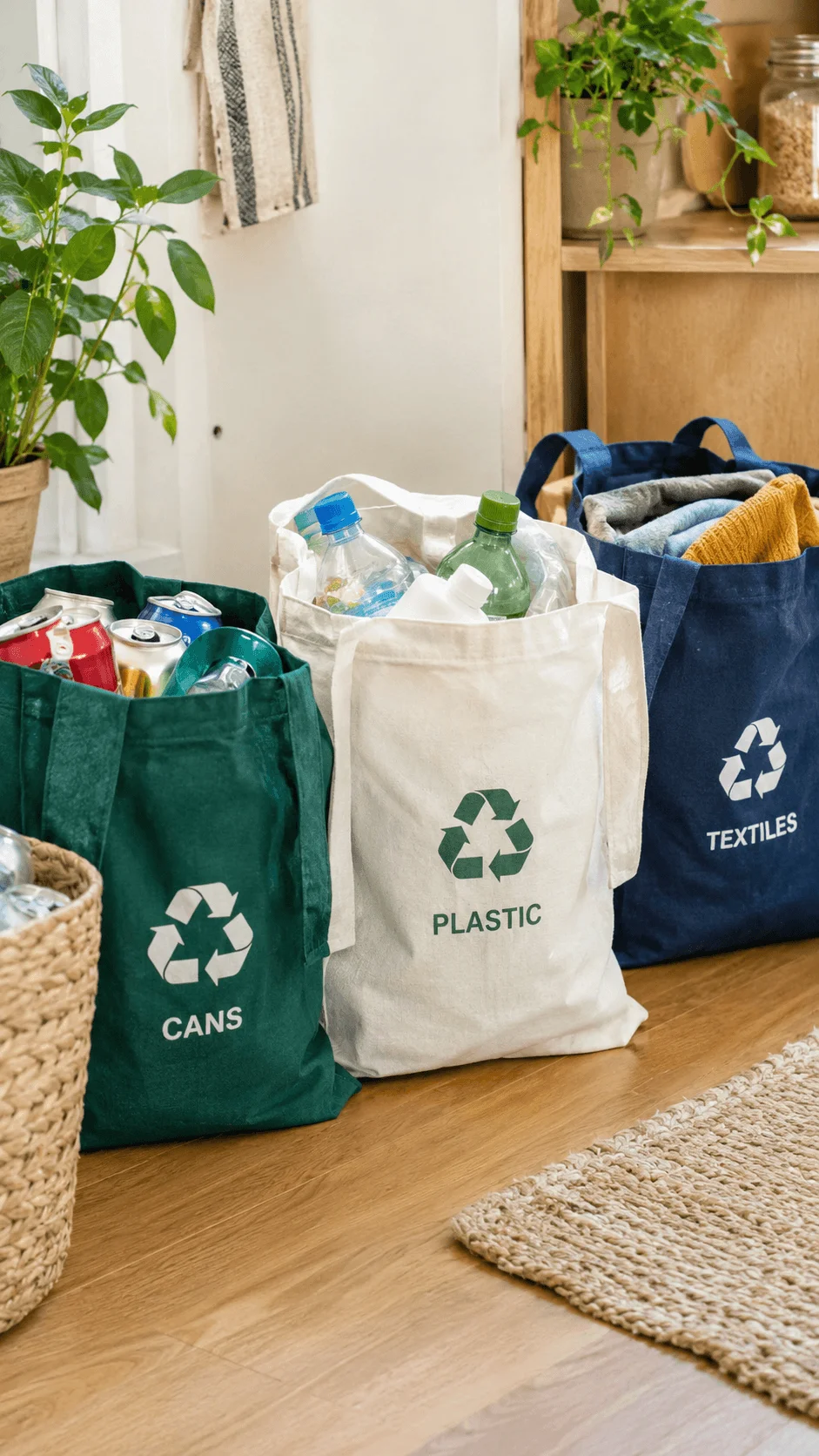 Repurposed shopping bags as sustainable waste sorters for cans plastic and textiles in a home setting