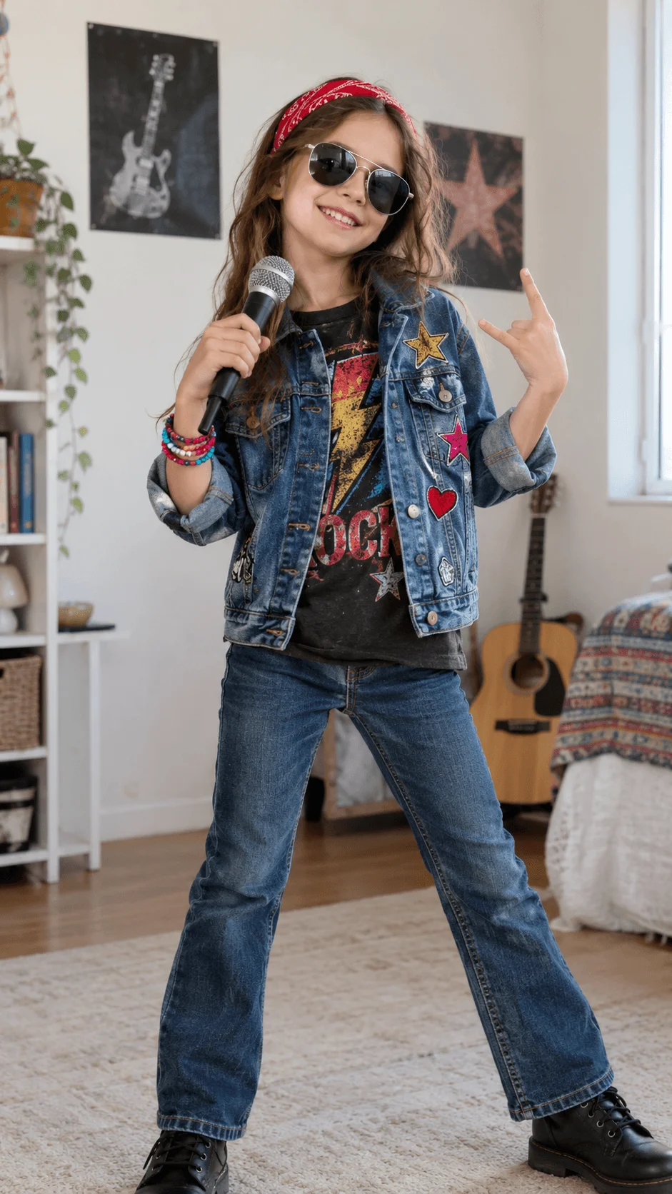 A young girl dressed as a retro pop rock star wearing a denim jacket decorated with colorful star and heart patches, a black graphic T shirt, blue jeans, black boots, aviator sunglasses, and a red bandana while holding a microphone and posing in a music themed bedroom