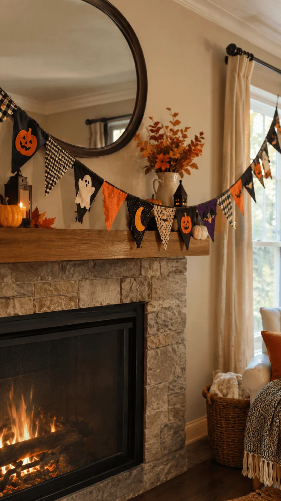 Reusable fabric Halloween bunting featuring black and orange triangular flags with pumpkin faces, white ghosts, bats and crescent moons hanging above a cozy stone fireplace decorated with autumn leaves, pumpkins and warm candlelight for sustainable Halloween home decor