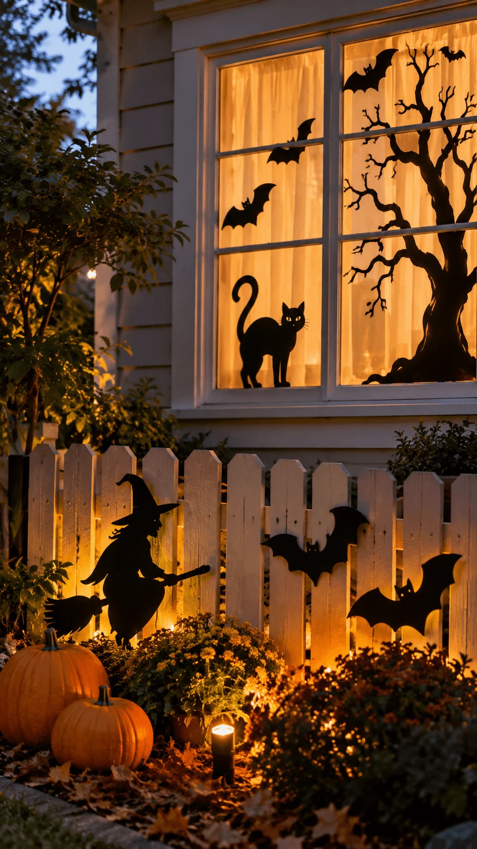 Halloween window and fence decorations featuring black silhouettes of bats, a spooky bare tree, a black cat, and a witch against warm glowing windows, with pumpkins, autumn flowers, and garden lights creating a cozy spooky atmosphere.