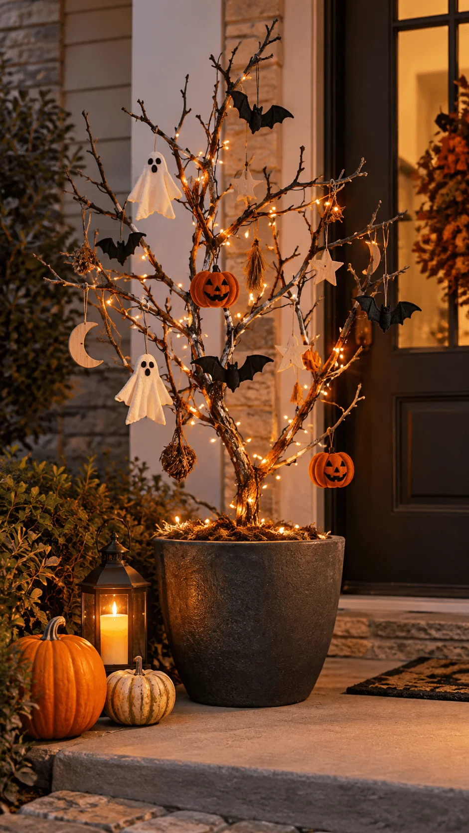 Eco friendly Halloween decoration featuring a reusable tree made from fallen branches in a large planter, decorated with handmade ghost ornaments, black bats, wooden stars, pumpkin ornaments, and warm fairy lights beside a front door with pumpkins and a glowing lantern.