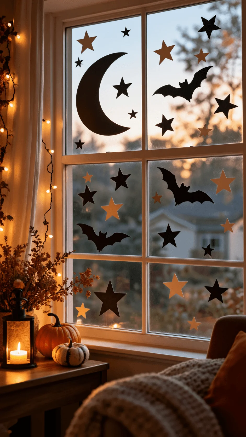 Reusable Halloween window decorations featuring black bats, crescent moons and black and orange stars on a large window, with warm string lights, glowing candles, pumpkins and autumn foliage creating a cozy and sustainable Halloween atmosphere