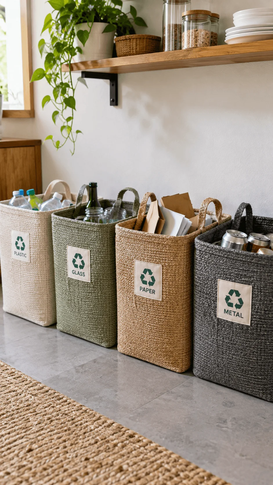 Reusable woven recycling bags and baskets for sorting plastic glass paper and metal waste in a home setting