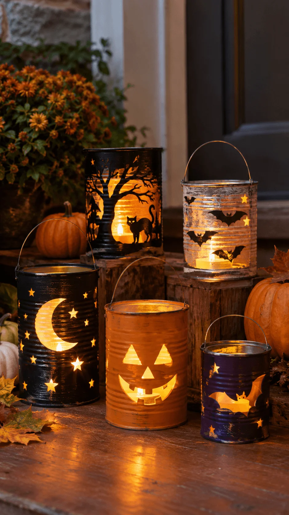 Upcycled tin can Halloween lanterns featuring glowing candles, carved pumpkin faces, crescent moons, stars, black cats and bats, displayed on rustic wooden blocks with pumpkins, autumn leaves and orange flowers for sustainable outdoor Halloween decorations
