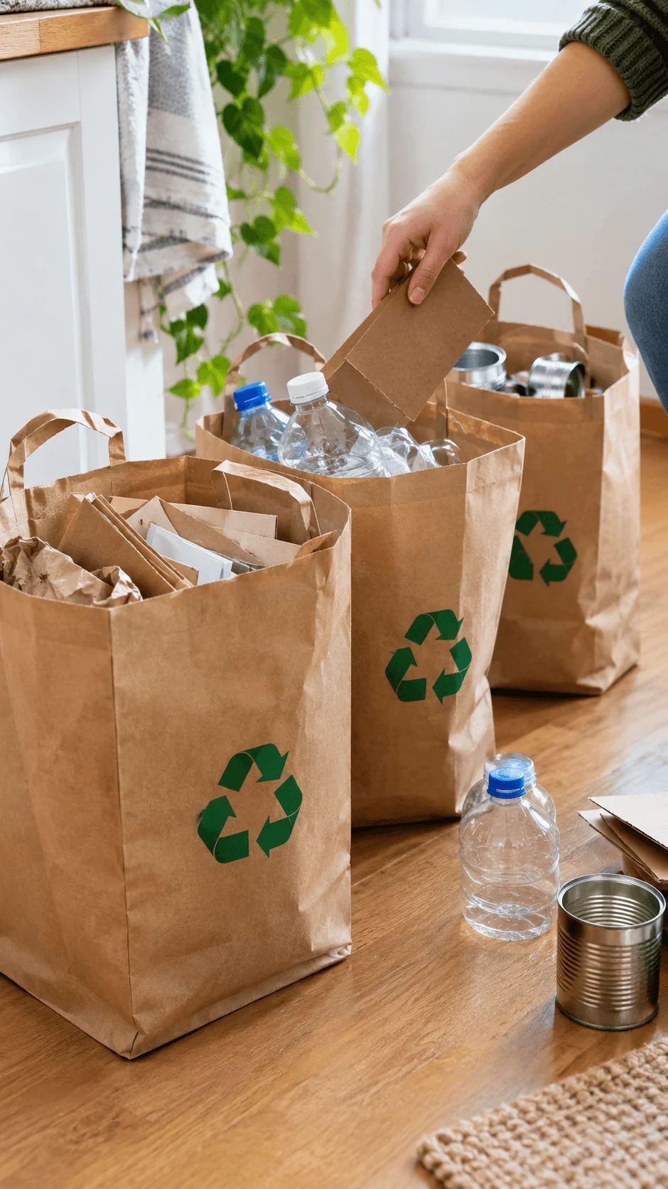 Reused paper grocery bags as recycling containers for sorting paper plastic and metal waste in a home setting
