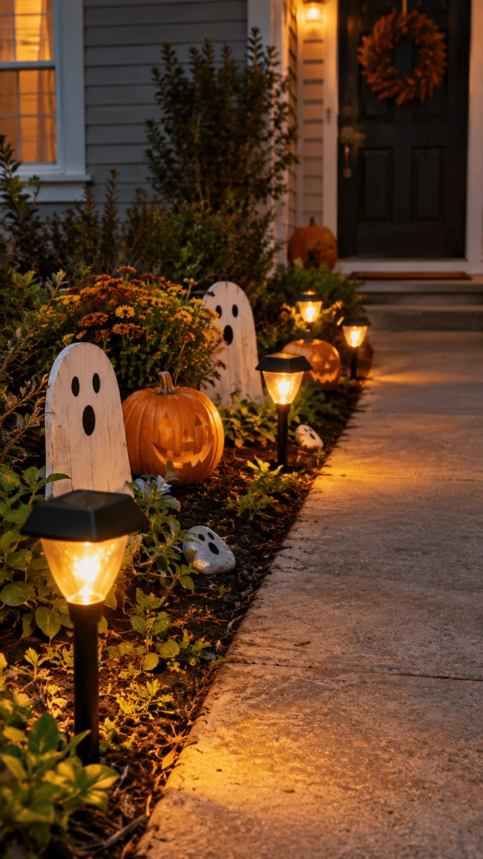 Solar powered pathway lights illuminate a Halloween garden decorated with wooden ghost figures, carved pumpkins, autumn flowers, and warm glowing lanterns beside a concrete walkway leading to a front door with an autumn wreath.