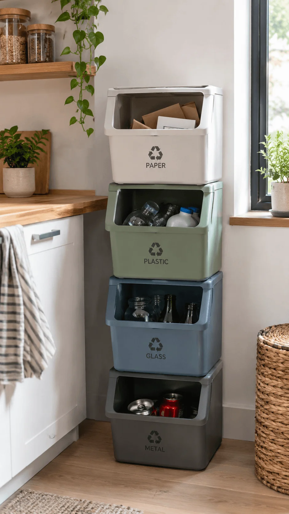 Stackable recycling boxes for small spaces labeled for paper plastic glass and metal in a compact kitchen corner