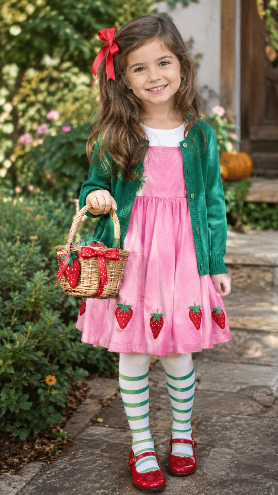 Strawberry Shortcake inspired costume for girls featuring a pink strawberry decorated dress, green cardigan, white and green striped tights, red Mary Jane shoes, a matching red hair bow, and a woven basket decorated with strawberries and red ribbons in a charming garden setting.