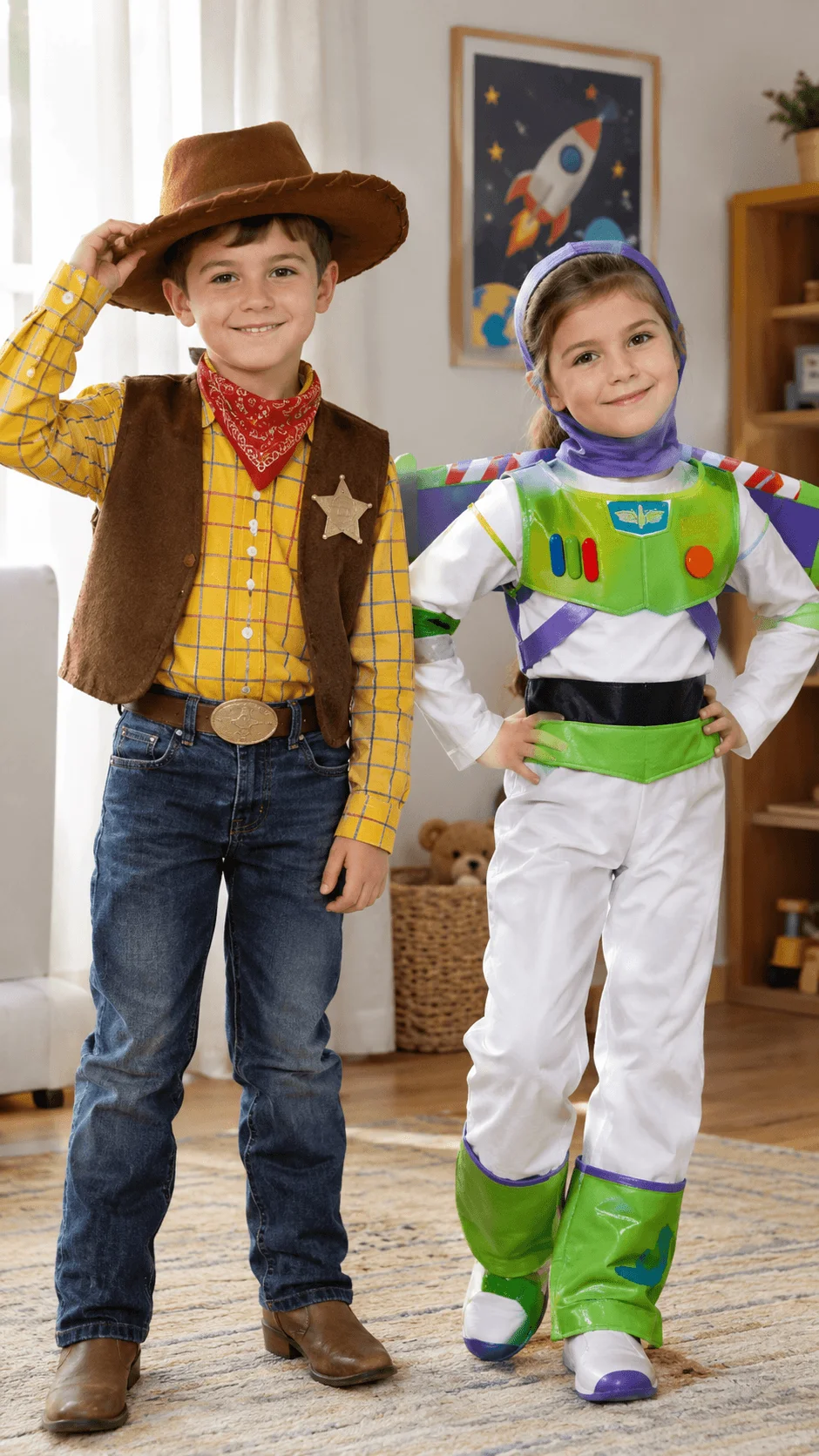 Sustainable Toy Story Halloween costumes using reused clothes, featuring a boy dressed as a cowboy in a yellow plaid shirt, brown vest and cowboy hat, alongside a girl wearing a colorful green and white space ranger costume indoors