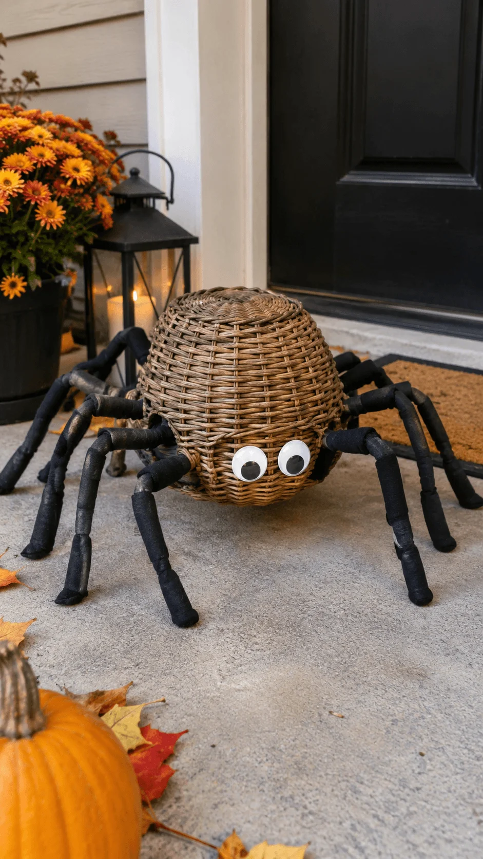 Eco friendly Halloween spider decoration made from a reused woven wicker basket with long black legs and googly eyes displayed on a front porch with pumpkins, autumn leaves, orange flowers and a glowing lantern beside a black door