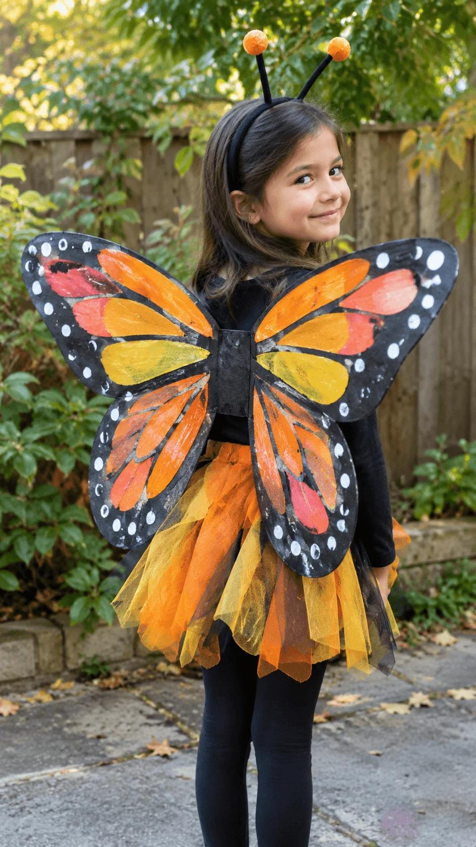 Upcycled butterfly costume for girls featuring handmade orange and yellow butterfly wings with black borders and white spots, a black outfit, a layered orange and yellow tulle skirt, and a headband with orange antennae, set in a leafy autumn garden.