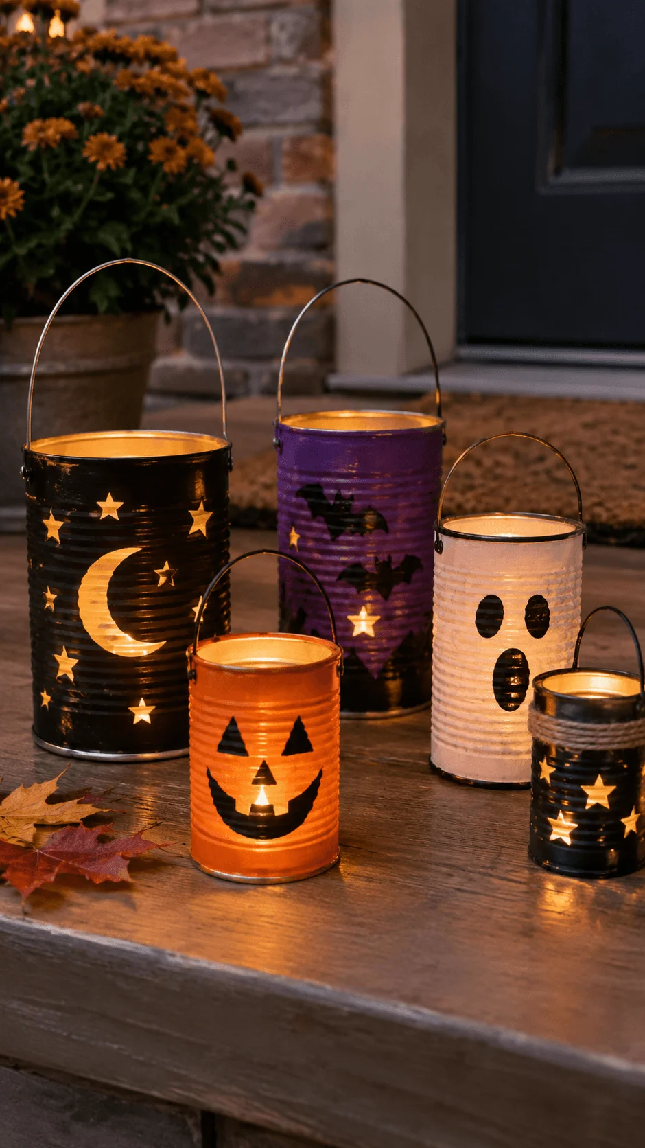Upcycled tin can Halloween lanterns painted black, purple, orange, and white with glowing candles, crescent moons, stars, bats, and spooky ghost faces, arranged on a wooden porch table beside autumn leaves and potted chrysanthemums.