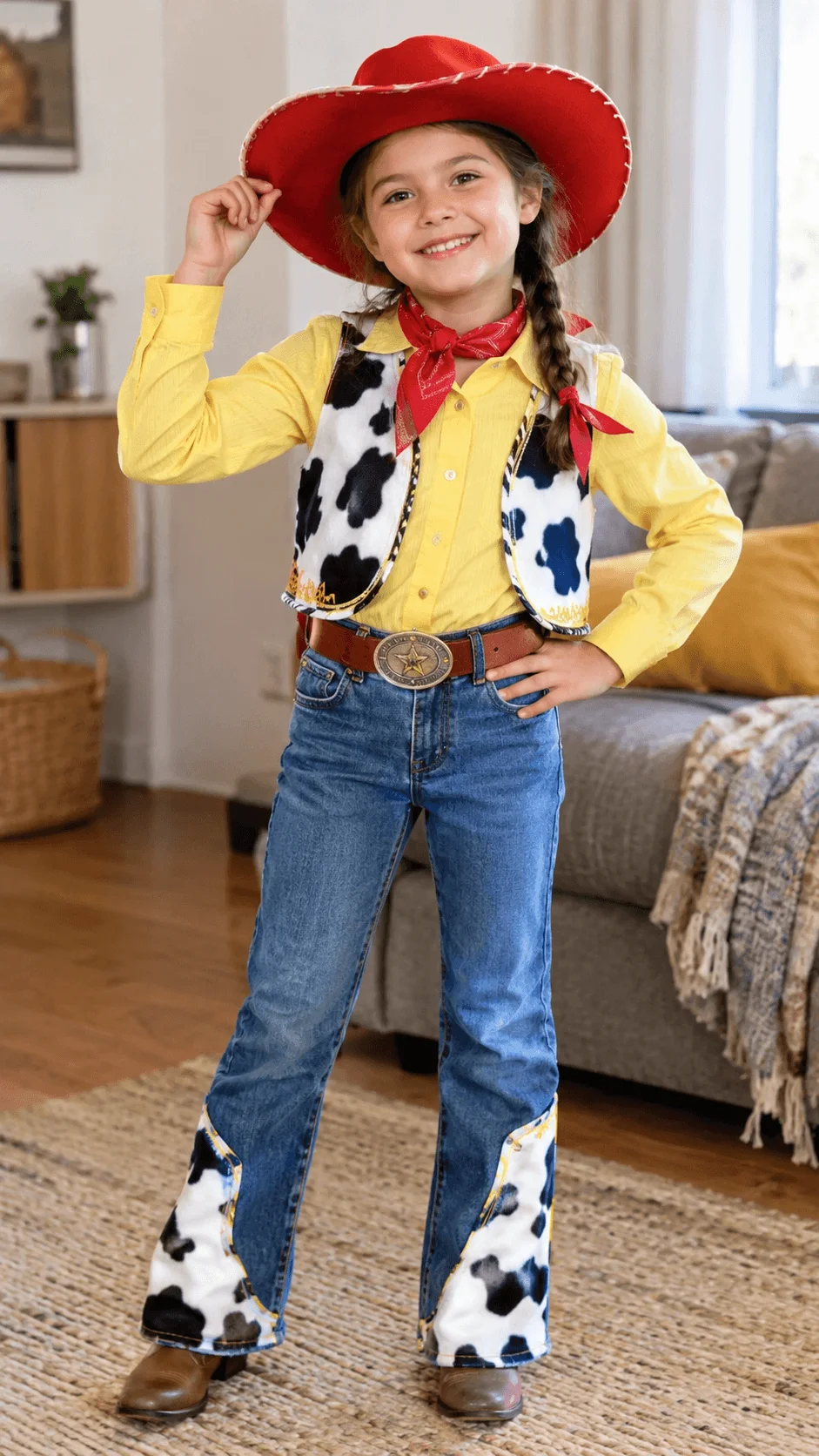 Girl wearing an upcycled Toy Story Jessie cowgirl costume featuring a red cowboy hat, yellow shirt, cow print vest, blue flared jeans with matching cow print patches, red bandana, western belt with a star buckle, and brown cowboy boots.