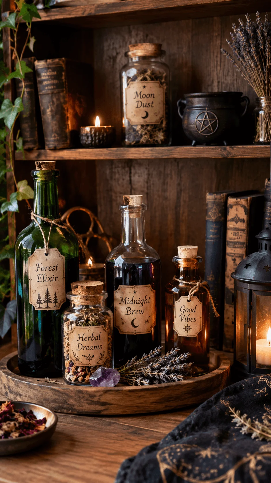 Rustic Halloween apothecary shelf featuring upcycled glass bottles with cork stoppers, vintage potion labels, dried herbs, lavender, candles, a black cauldron and a glowing lantern arranged on dark wooden shelves for mysterious eco friendly Halloween decor