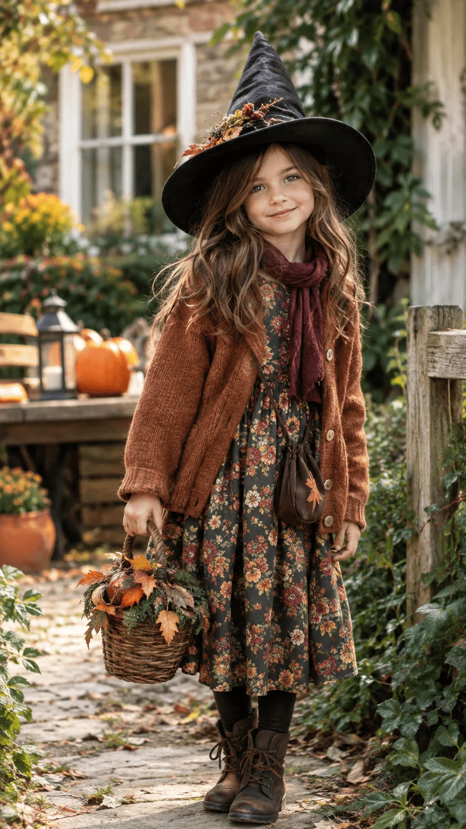 Vintage cottage witch costume for girls featuring a large black pointed hat decorated with autumn leaves, a floral vintage dress, brown knitted cardigan, burgundy scarf, black leggings, lace up brown boots, and a woven basket filled with fall foliage in a cozy autumn garden.