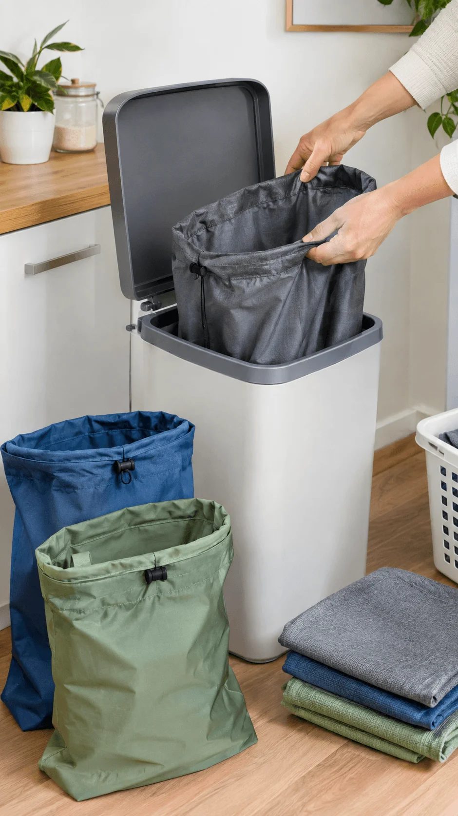 Washable reusable bin liners as a zero waste alternative to disposable trash bags in a modern home