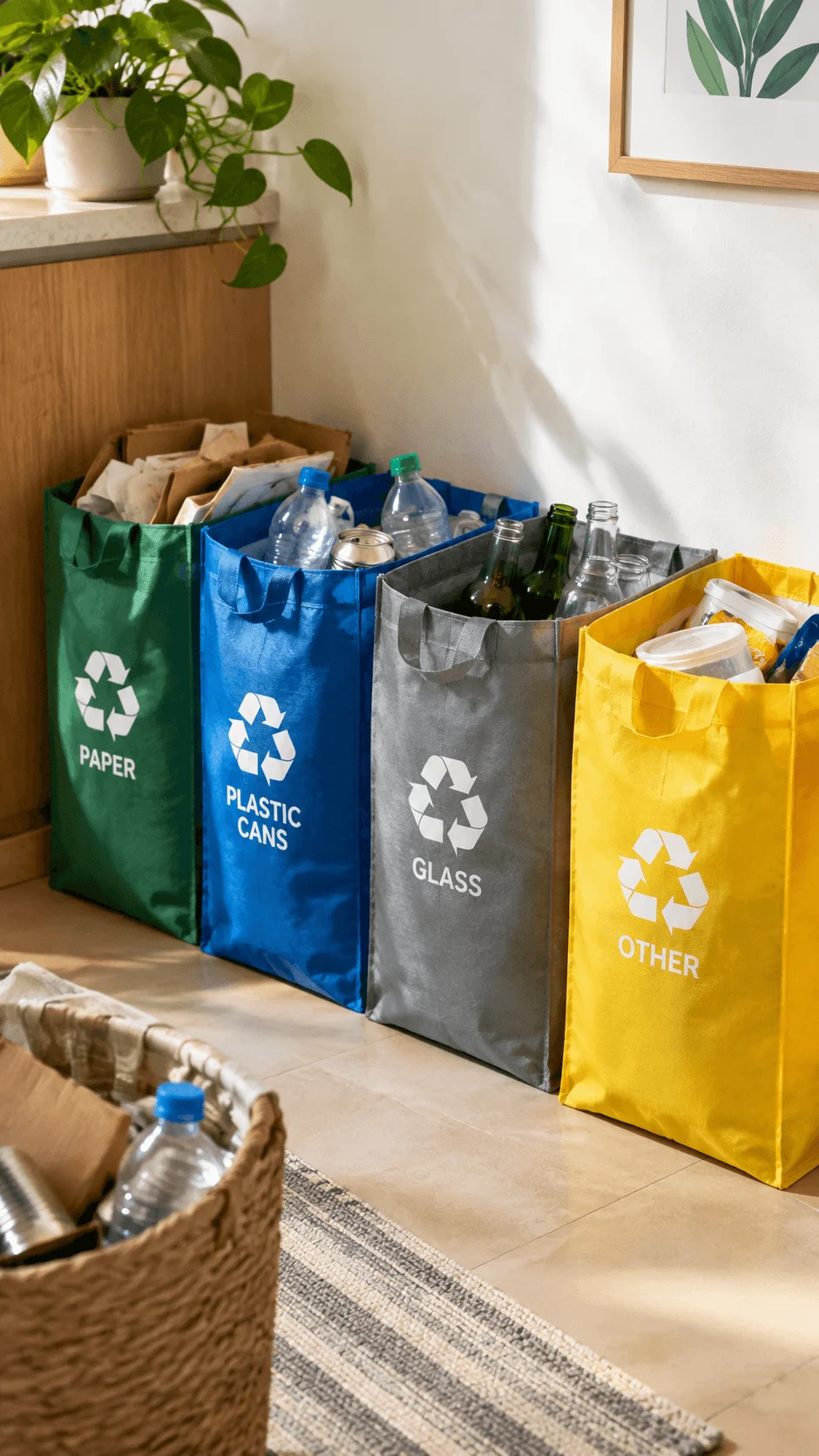 Washable reusable waste sorting bags for paper plastic cans glass and other recyclable materials in a bright home setting