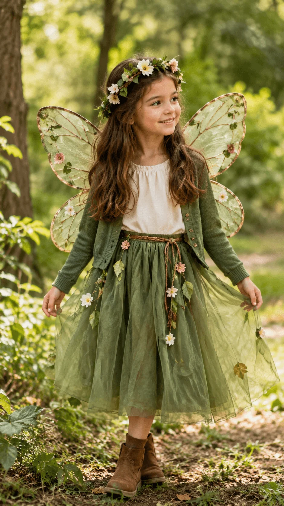 Woodland fairy costume for girls featuring a flowing green tulle skirt decorated with flowers and leaves, a cream blouse, green cardigan, translucent fairy wings with floral details, a flower crown, and brown ankle boots in a lush woodland setting.