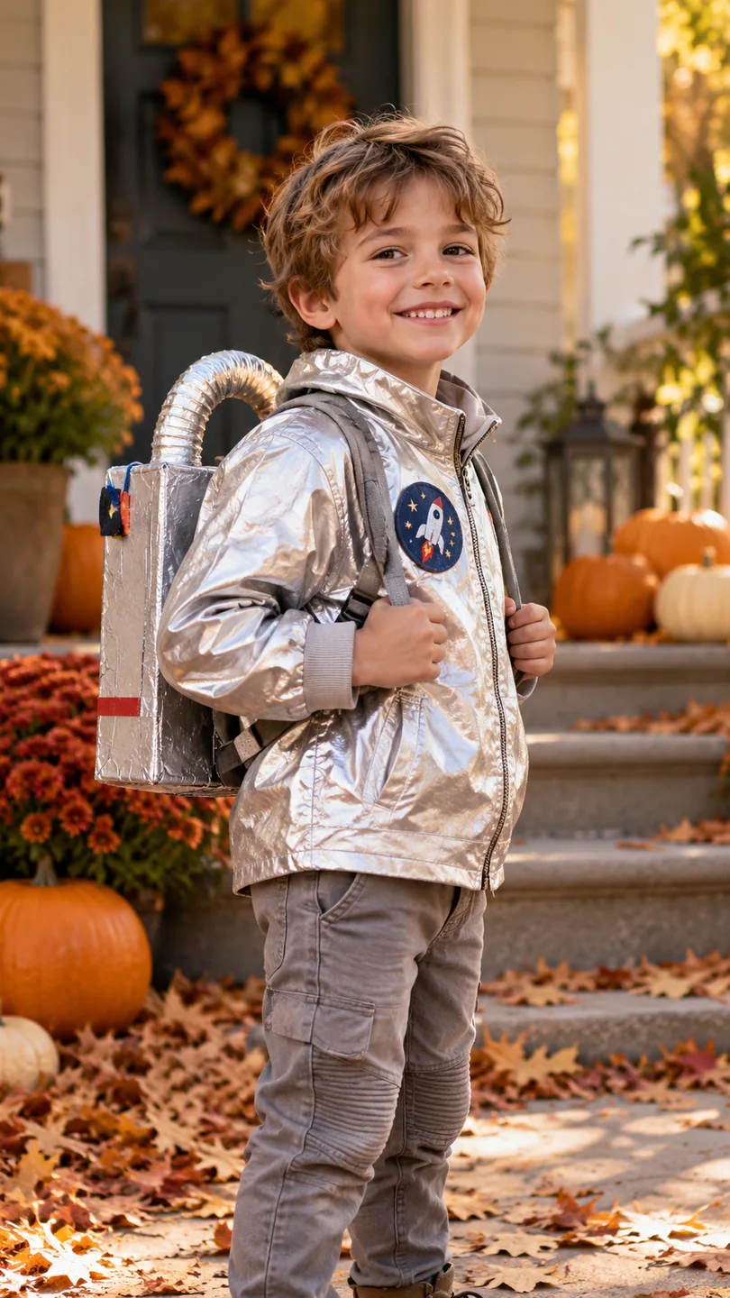 Child in silver astronaut jacket with lightweight homemade space backpack on an autumn porch