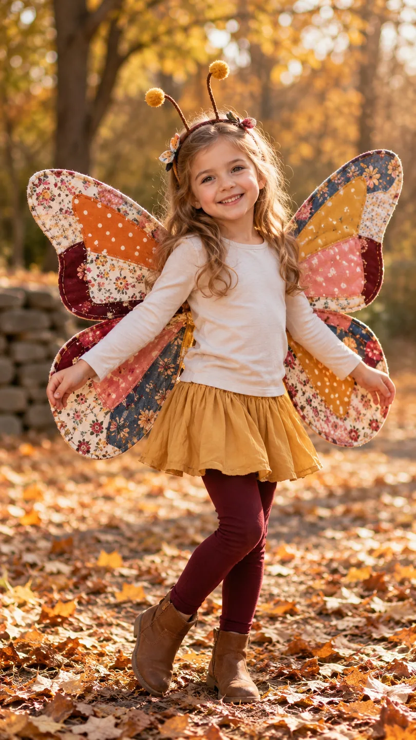 Smiling girl wearing colorful patchwork butterfly wings made from fabric scraps