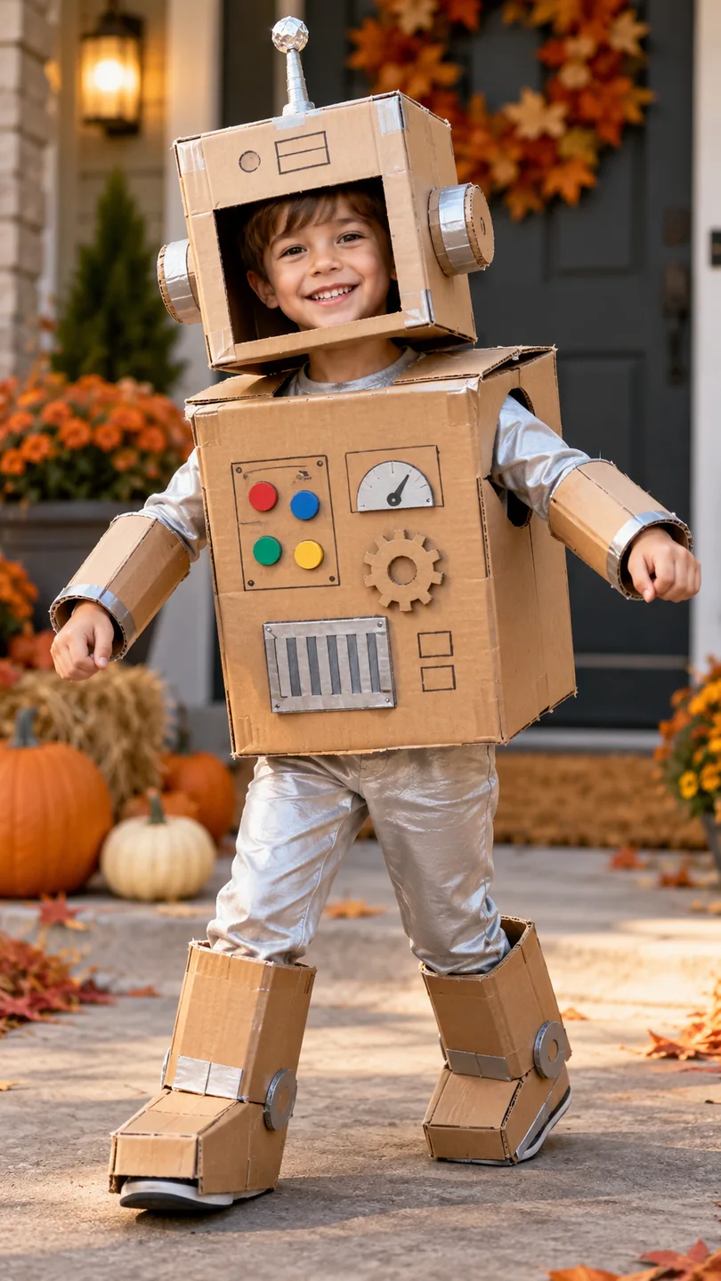 Child in handmade cardboard box robot costume standing on a pumpkin decorated porch