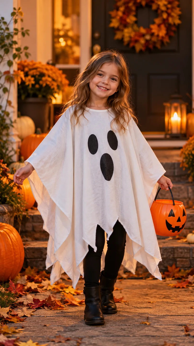 Child in a white ghost poncho with uncovered face holding an orange Halloween bucket