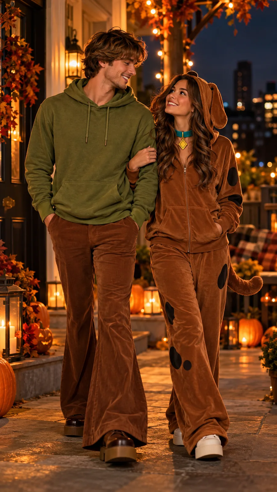 Couple wearing warm green and brown Halloween hoodies outside an autumn decorated house