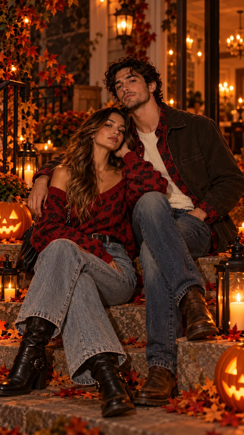 Nikki and Bear wearing interchangeable red pattern and knit clothing cues while sitting on autumn steps